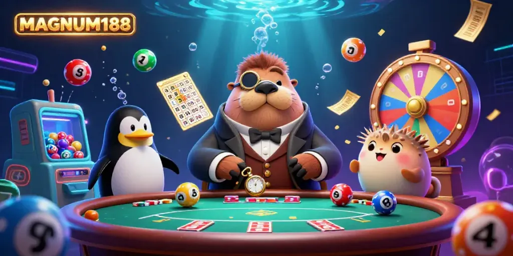 Experience dynamic underwater gaming with MAGNUM188's whimsical characters and vibrant casino elements.