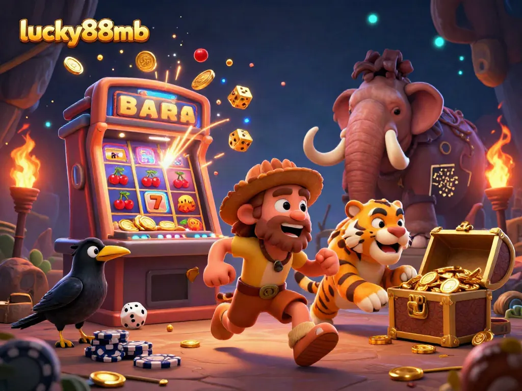 Experience excitement with lucky88mb in a vibrant prehistoric casino scene featuring engaging characters and casino elements.