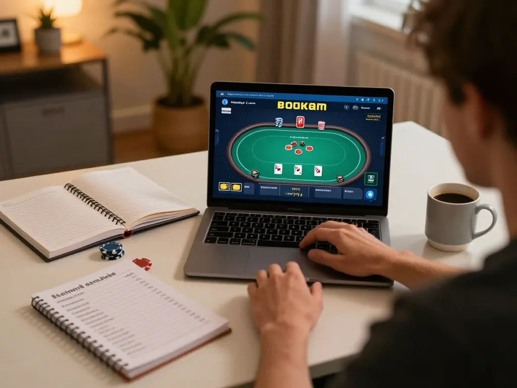 Player focused on F168 online poker game, showing strategy notes and comfortable gaming setup
