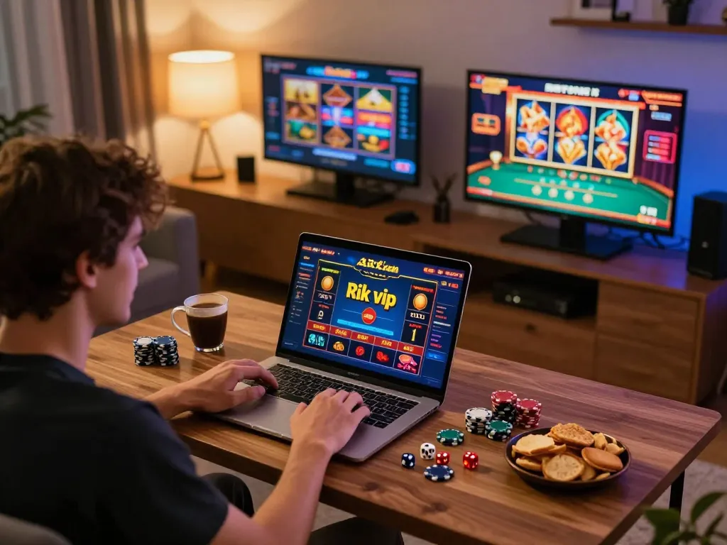 Player using rik vip online casino platform on a laptop, enjoying a relaxed gaming session.