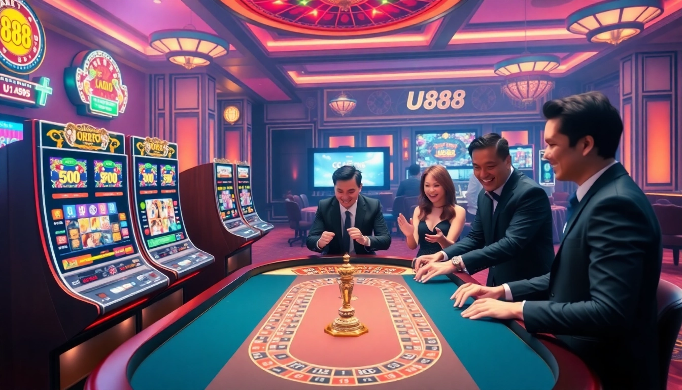 Exciting gaming scene on trang chủ u888 with vibrant slot machines and professional players.