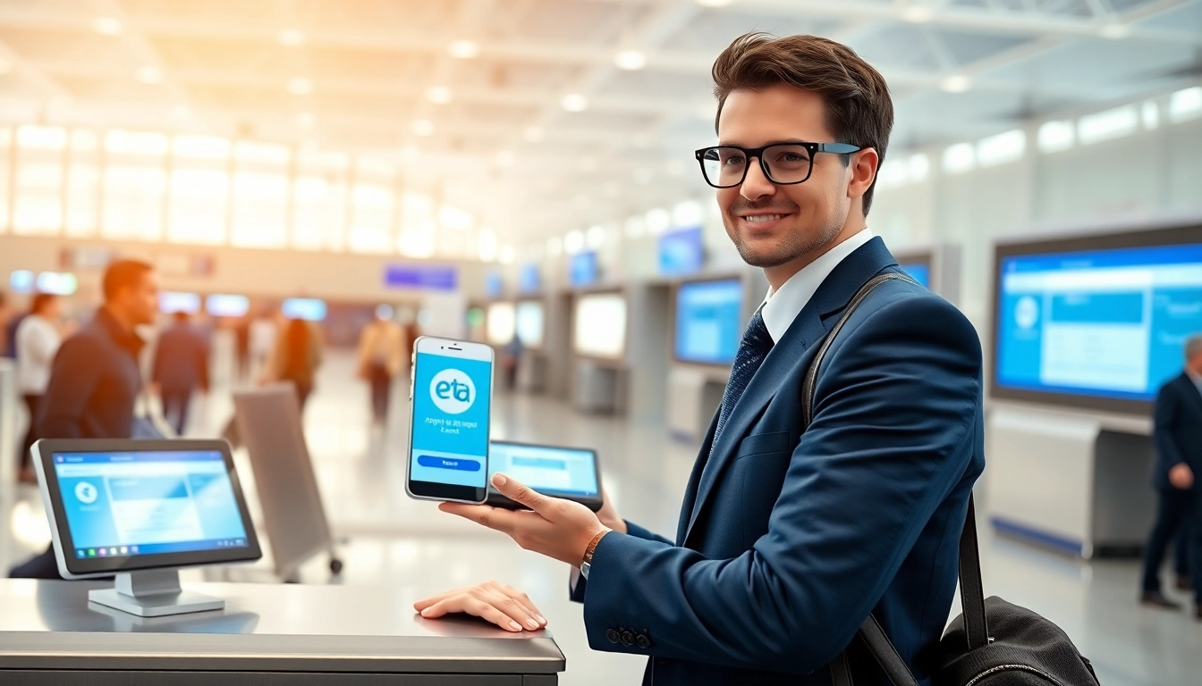 Convenient process for the eta application uk displayed on a device at an airport.
