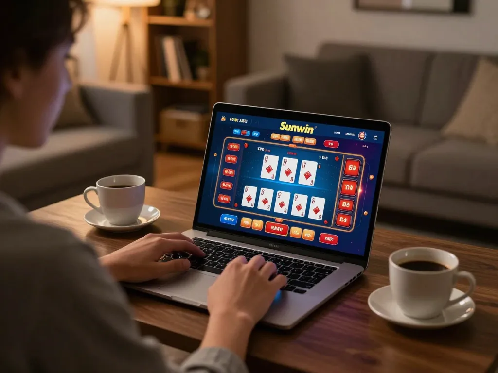 Player reviewing Sunwin app, engaging in responsible online gambling strategy at home