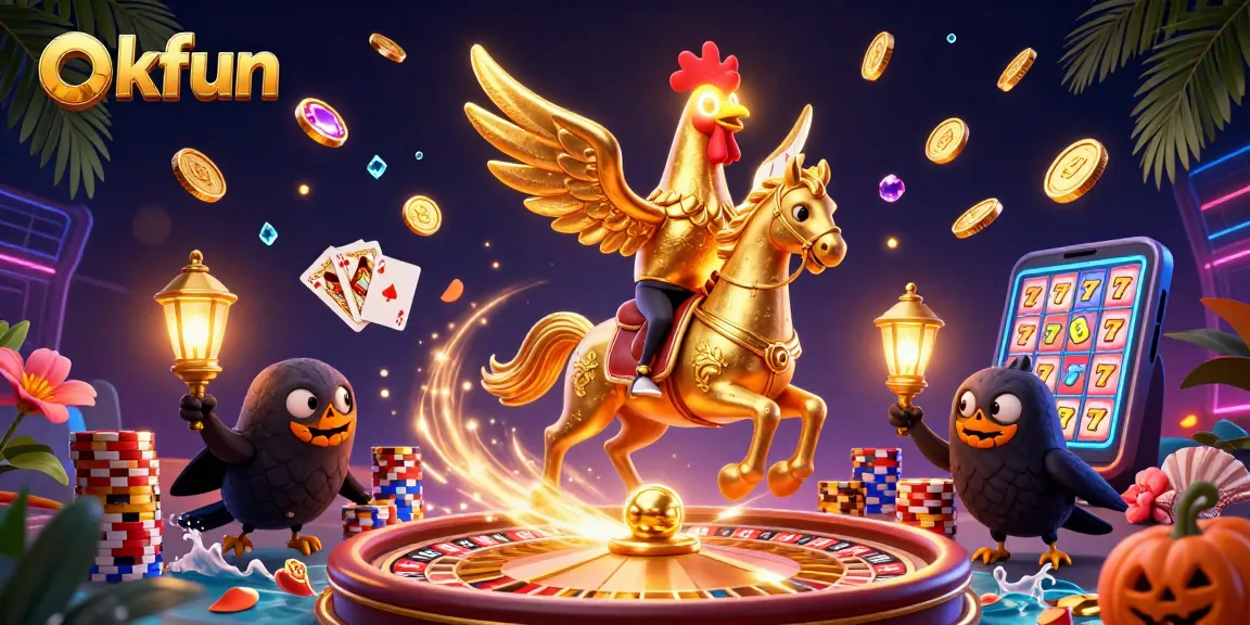 Experience thrilling gameplay at okfun with a golden rooster in a vibrant casino scene.