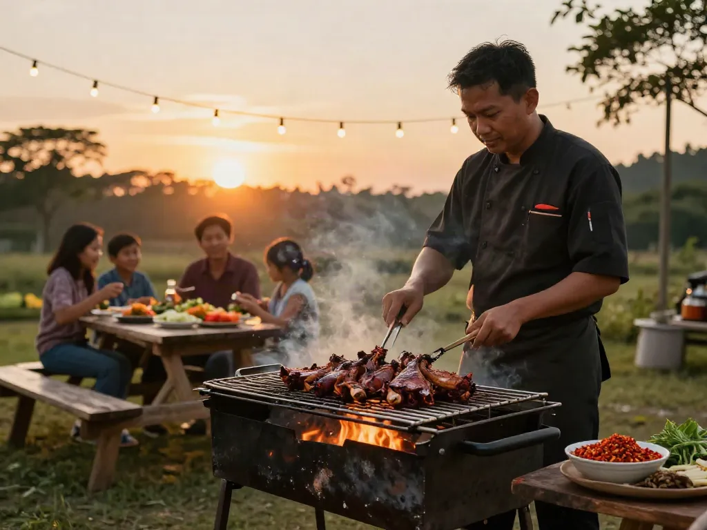 Delicious ayam bakar being prepared at sunset, highlighting rokok88 super flavors with fresh sambal rawit.