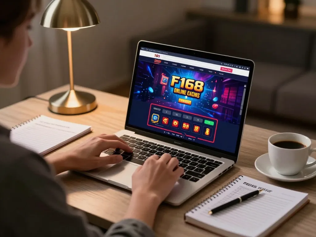 Person enjoying online gaming at F168 with laptop showing vibrant casino interface, cozy workspace.