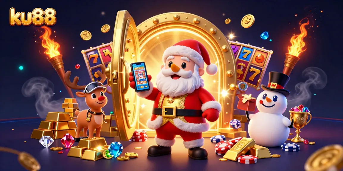 ku88 slots jackpot illustration with Santa and friends celebrating wins in a vibrant casino