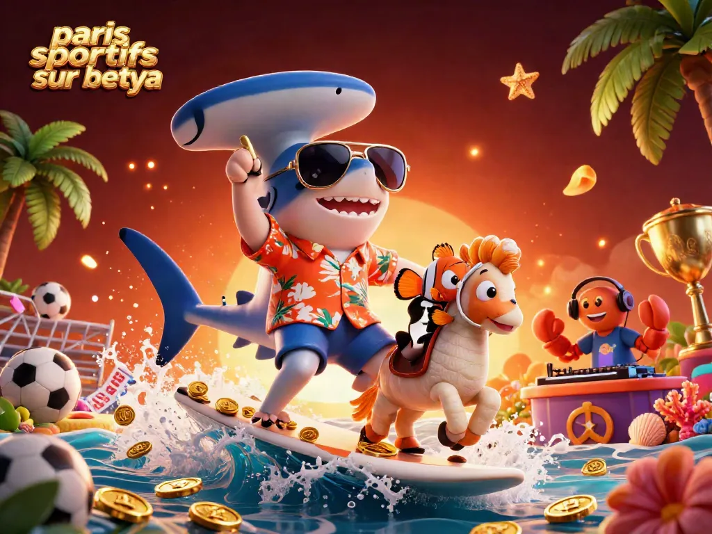 Engage in paris sportifs sur betya with vibrant scenes of betting action including sports elements and playful characters.