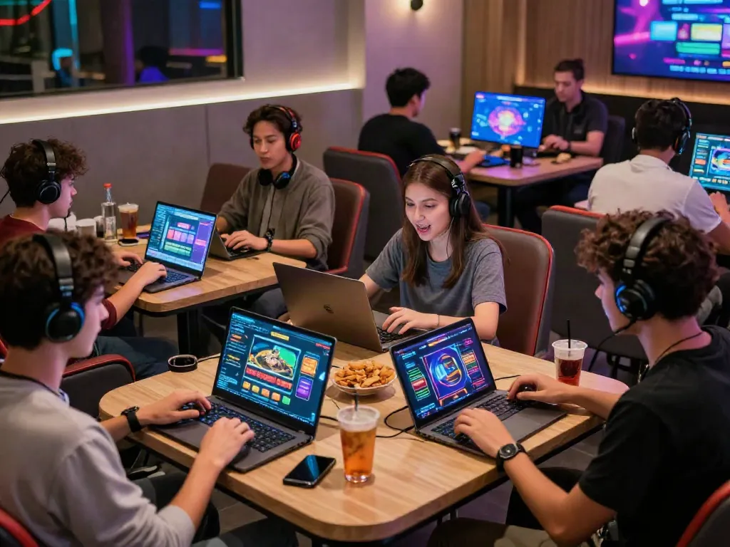 Hitclub players enjoying exciting online games in vibrant gaming lounge.
