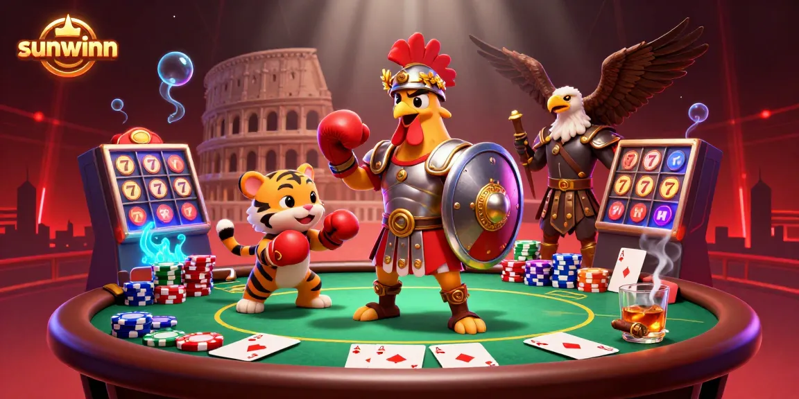Bet on slots with the vibrant sunwinn gladiator rooster and tiger cub amidst dynamic casino elements.