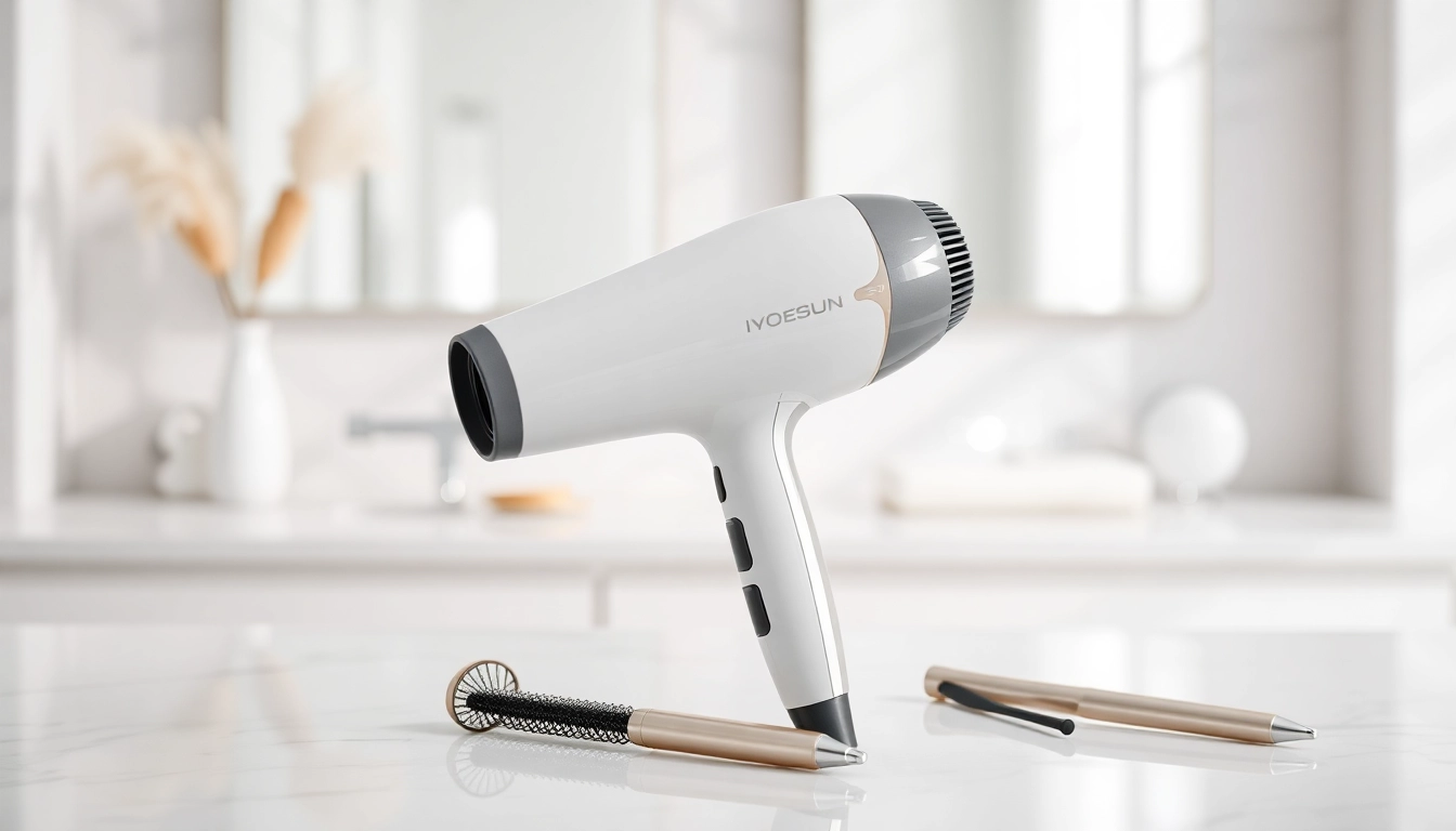 Calculate drying efficiency with the ionic blow dryer on a stylish vanity.