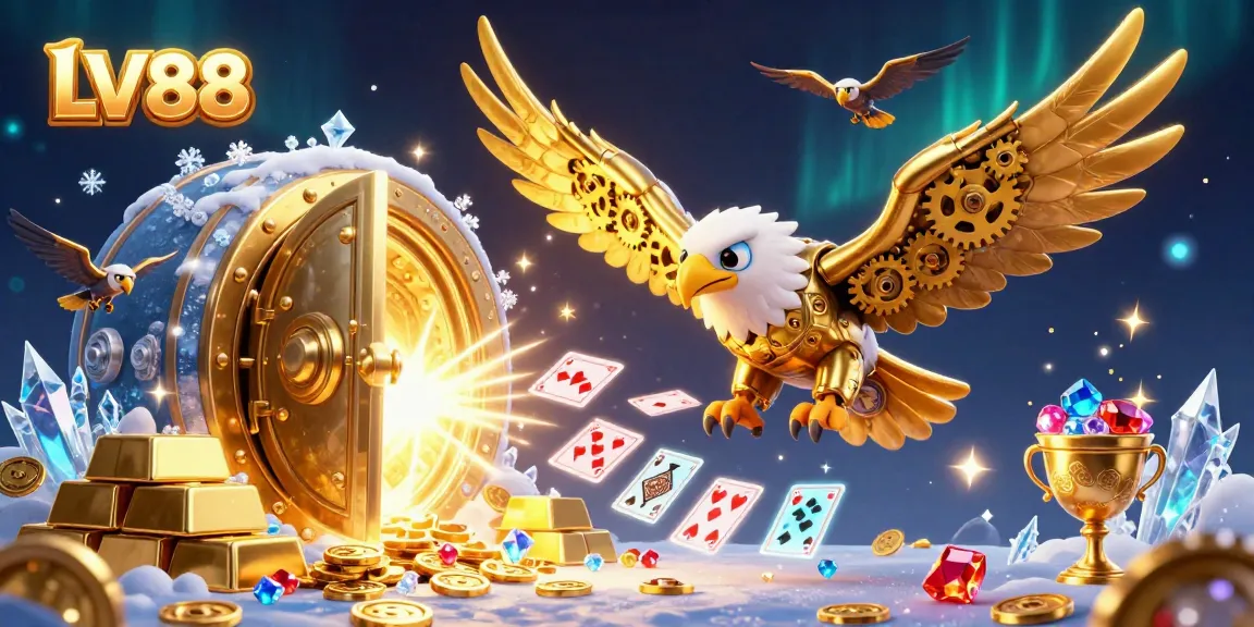 Watch the LV88 cybernetic golden eagle soar through holographic cards in a vibrant casino scene.