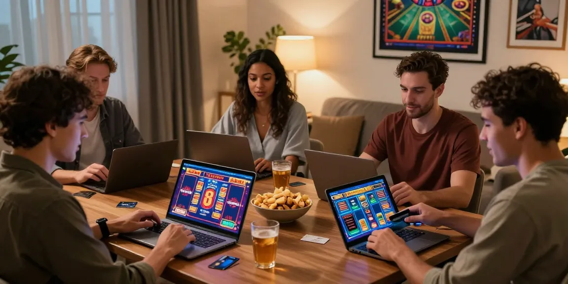 Excited players enjoying credit card casinos at home with laptops and vibrant game graphics.