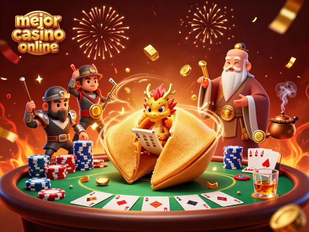 Descubre el mejor casino online mientras un dragón sabio lee un mensaje de fortuna entre fichas de póker.