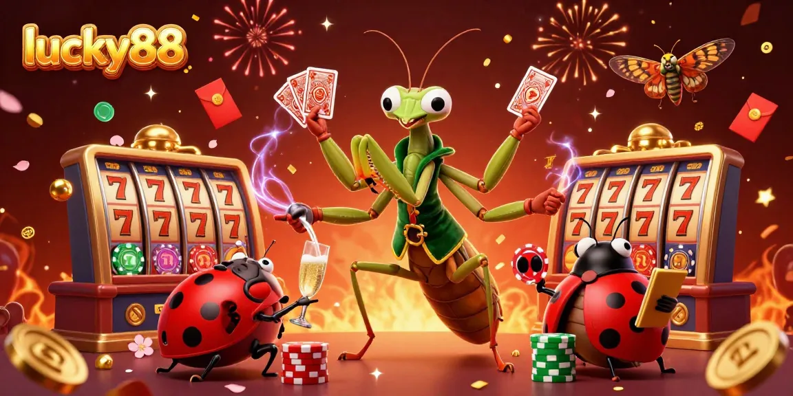 Experience the thrill of lucky88 slots with an exciting illustration of a giant praying mantis card sharp in action.