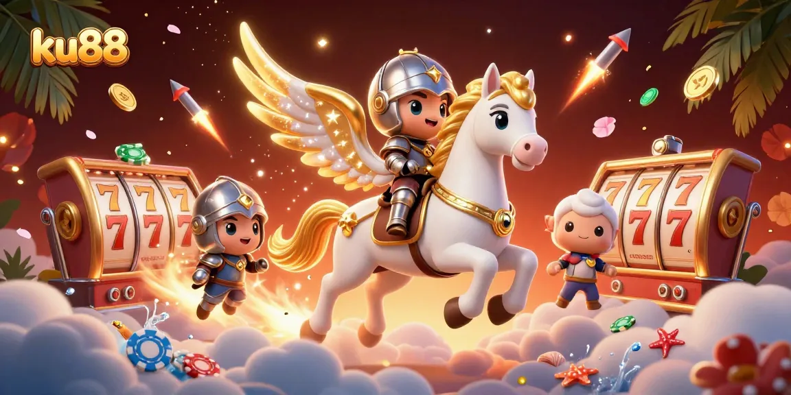 Experience the magic of ku88 with vibrant 3D casino heroes galloping through an enchanted gaming world.