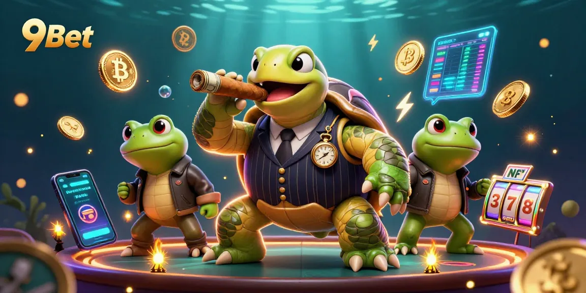 Experience thrilling casino action with 9Bet featuring a mobster turtle and vibrant crypto elements.