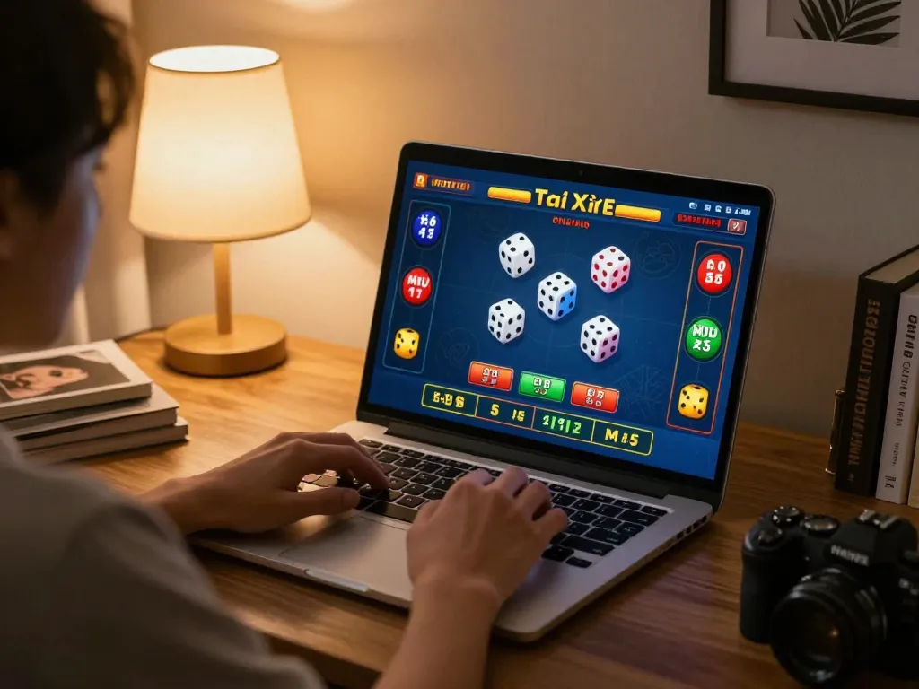 Player engaging in Tài Xỉu MD5 game on laptop, showcasing strategy in a cozy home setting