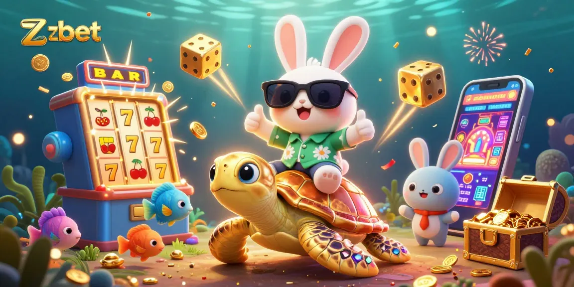 Engage with zbet's vibrant casino adventure showcasing a lucky rabbit and golden sea turtle in a dynamic gaming scene.