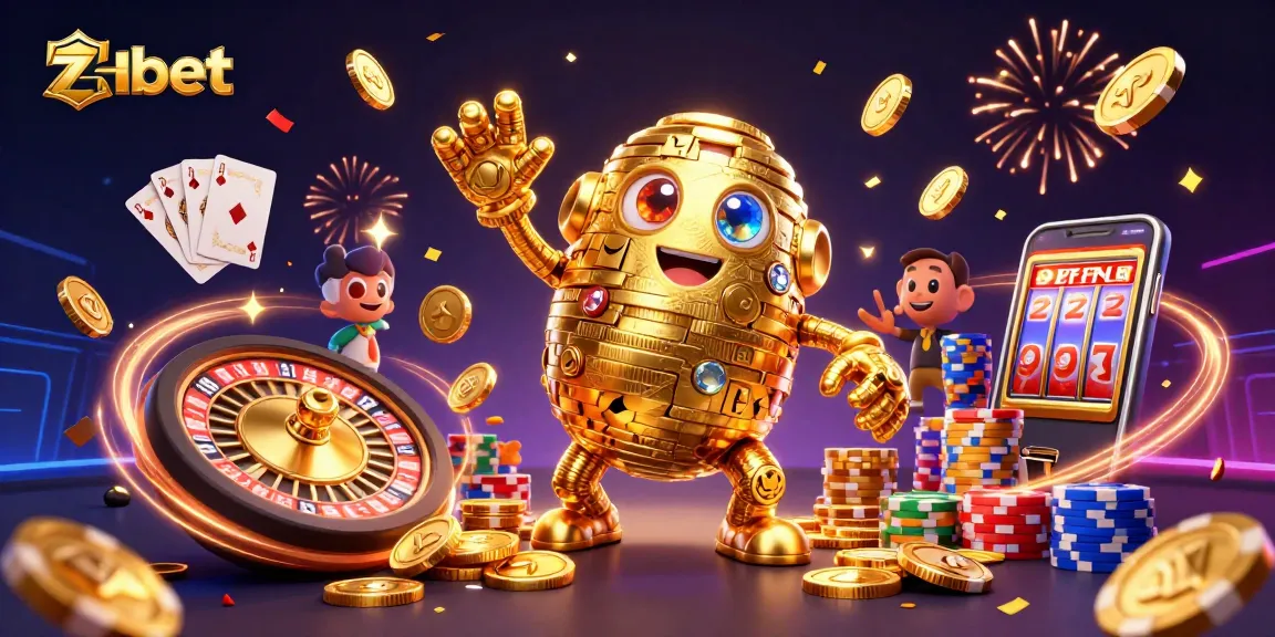 Experience zbet excitement with a vibrant 3D casino scene featuring a golden golem and dynamic gambling elements.