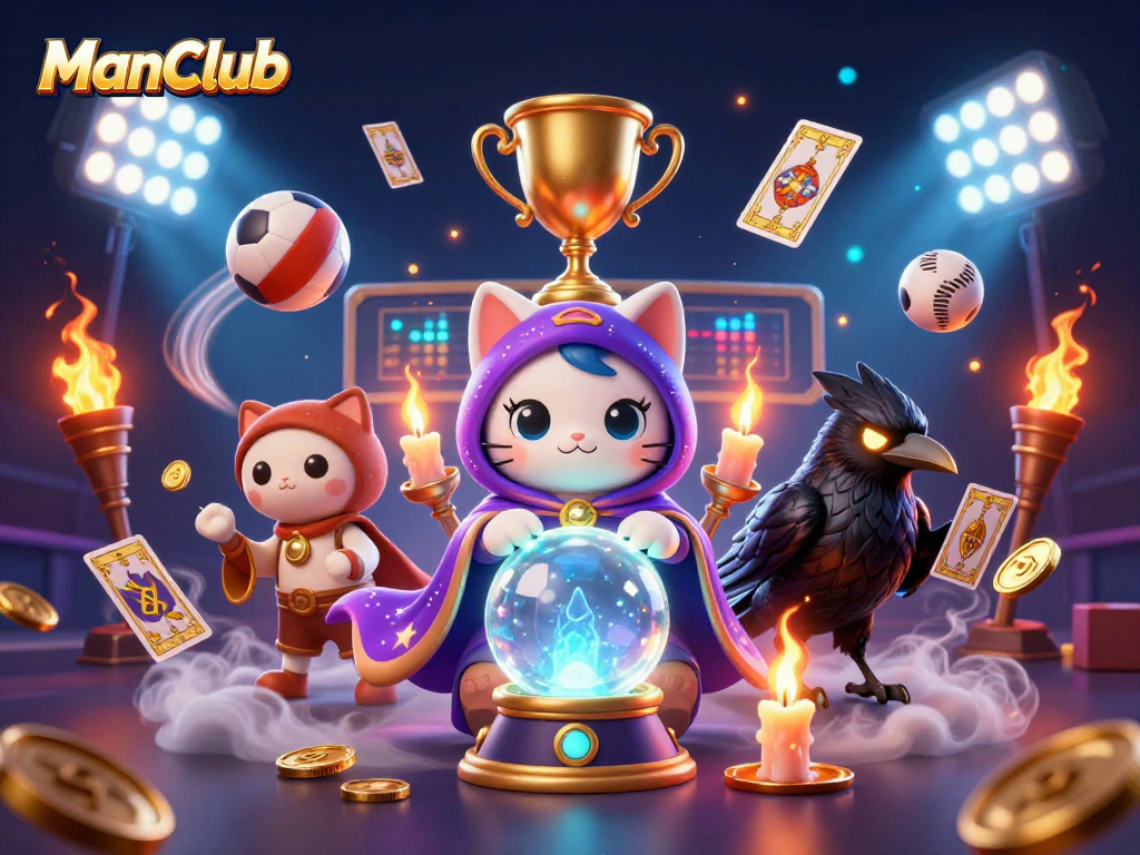 Experience thrilling sports action with ManClub's mystic cat and dynamic elements in a packed 3D illustration.