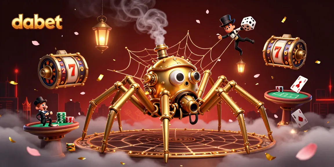 Dabet showcases a thrilling casino scene with a golden spider weaving a web of luck and games.