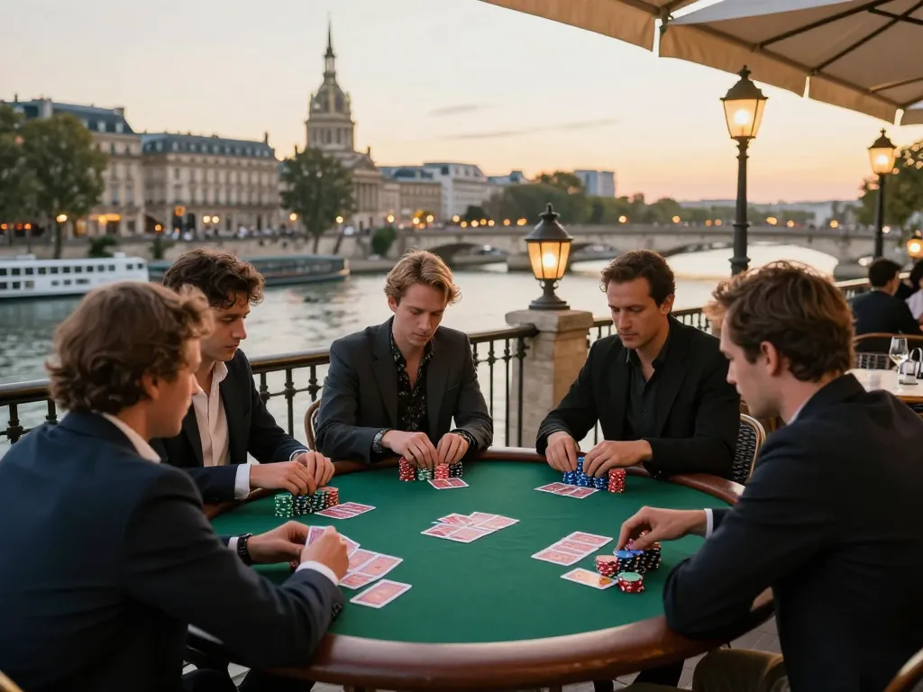 Pemain di Paris menikmati permainan poker taruhan tinggi dikelilingi oleh pemandangan ikonik, terlibat dalam permainan yang mendebarkan.