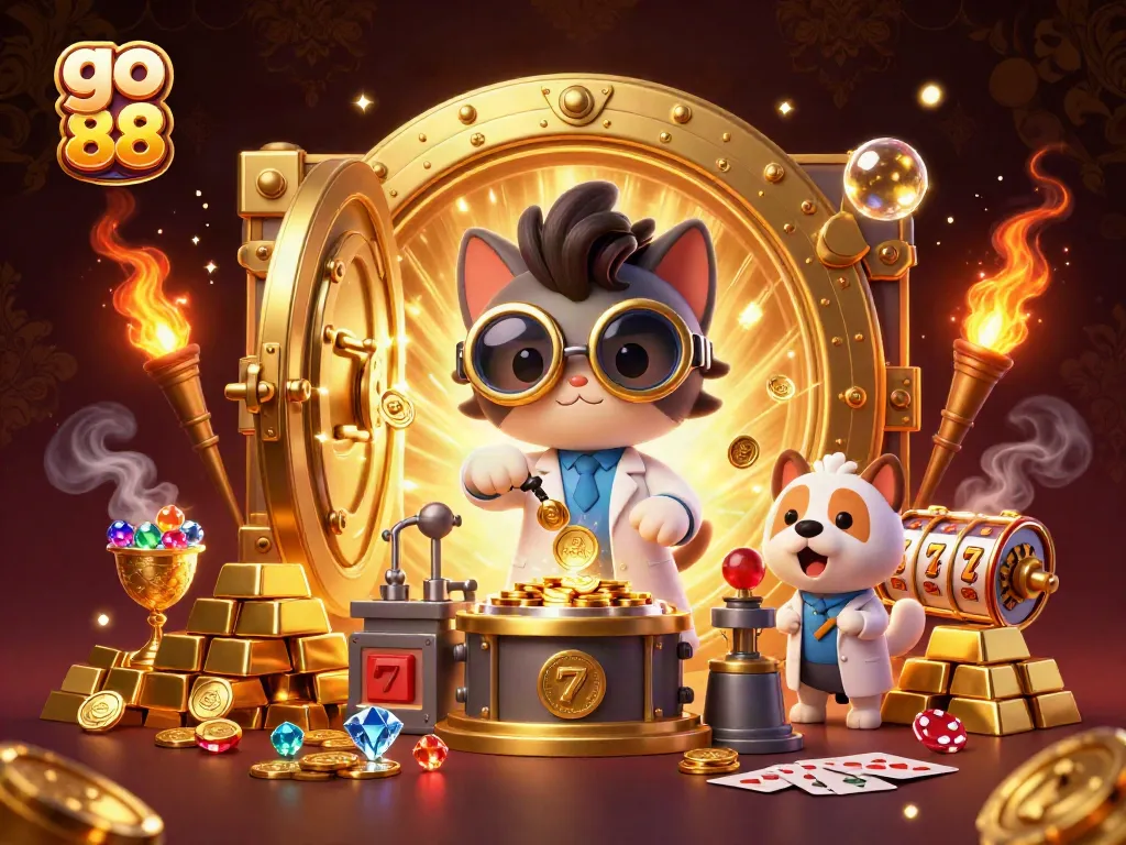 Experience the thrill of go 88 with a dynamic illustration showcasing 3D characters and casino elements.