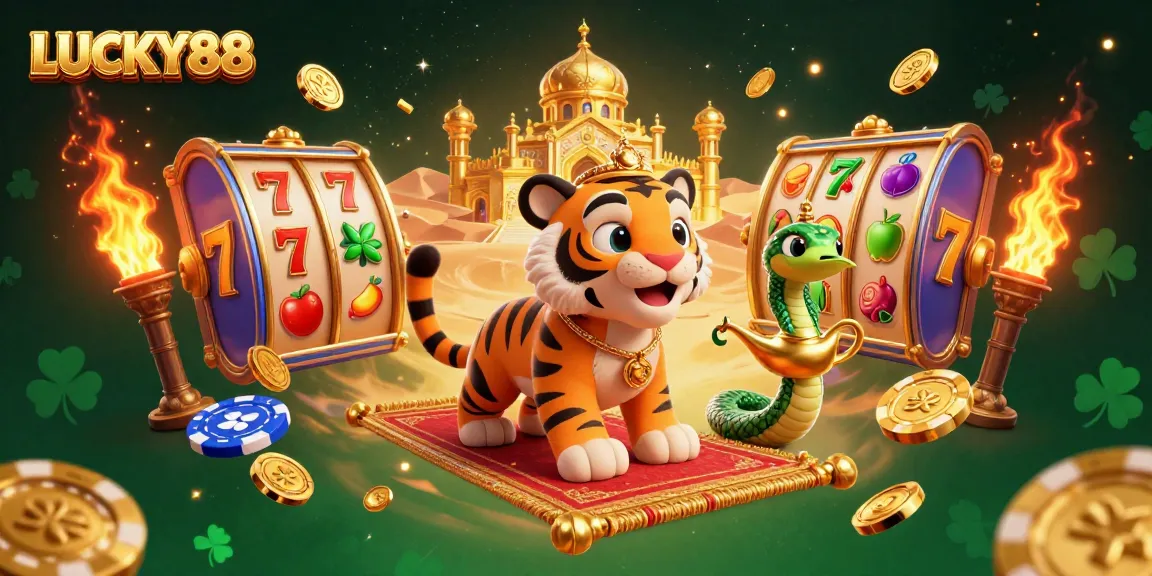 Experience the thrill of LUCKY88 with our vibrant Arabian casino illustration featuring a tiger sultan.