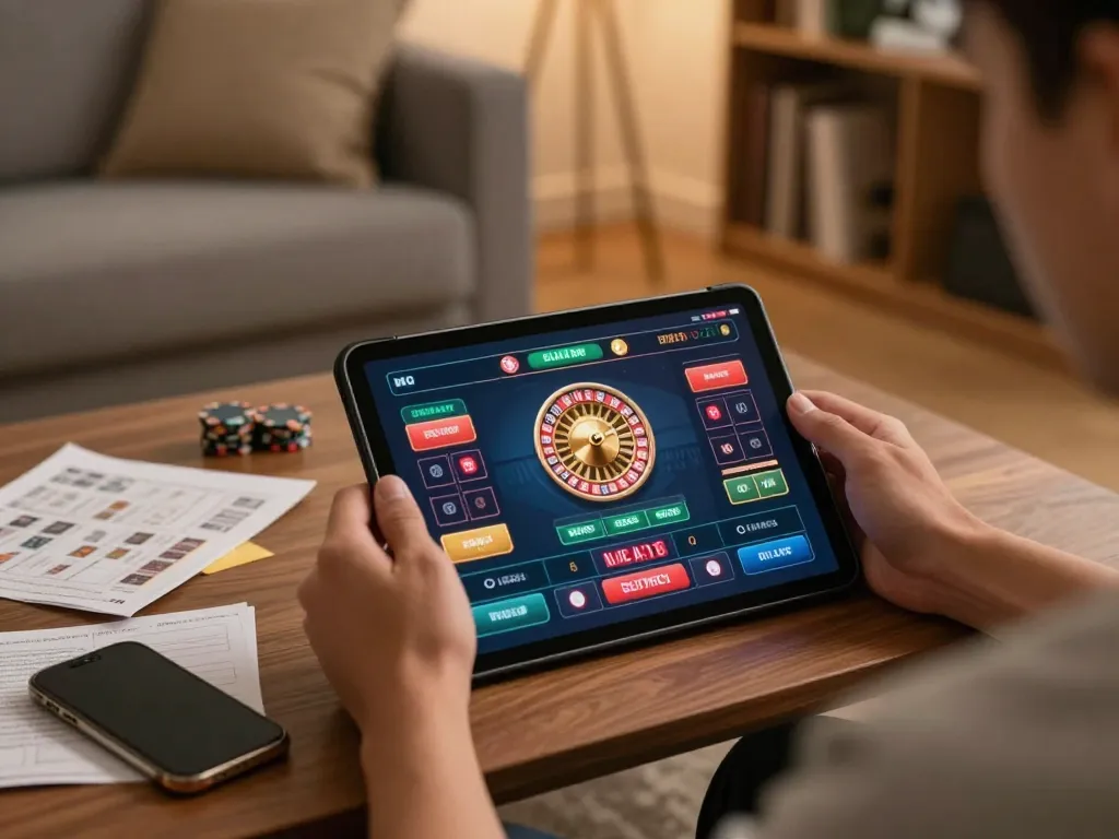 Person engaging in exciting online gameplay at 98win's live casino, with roulette wheel in action and strategic notes on table