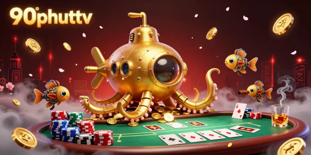 Experience thrilling poker action at 90phuttv with a golden kraken submarine emerging from golden coins, showcasing colorful poker elements.