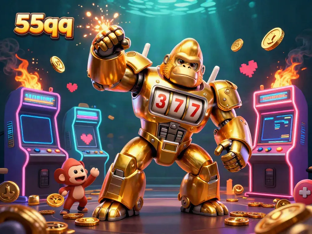 Experience the thrill with 55qq: A golden gorilla mech and arcade games in an exciting casino scene.