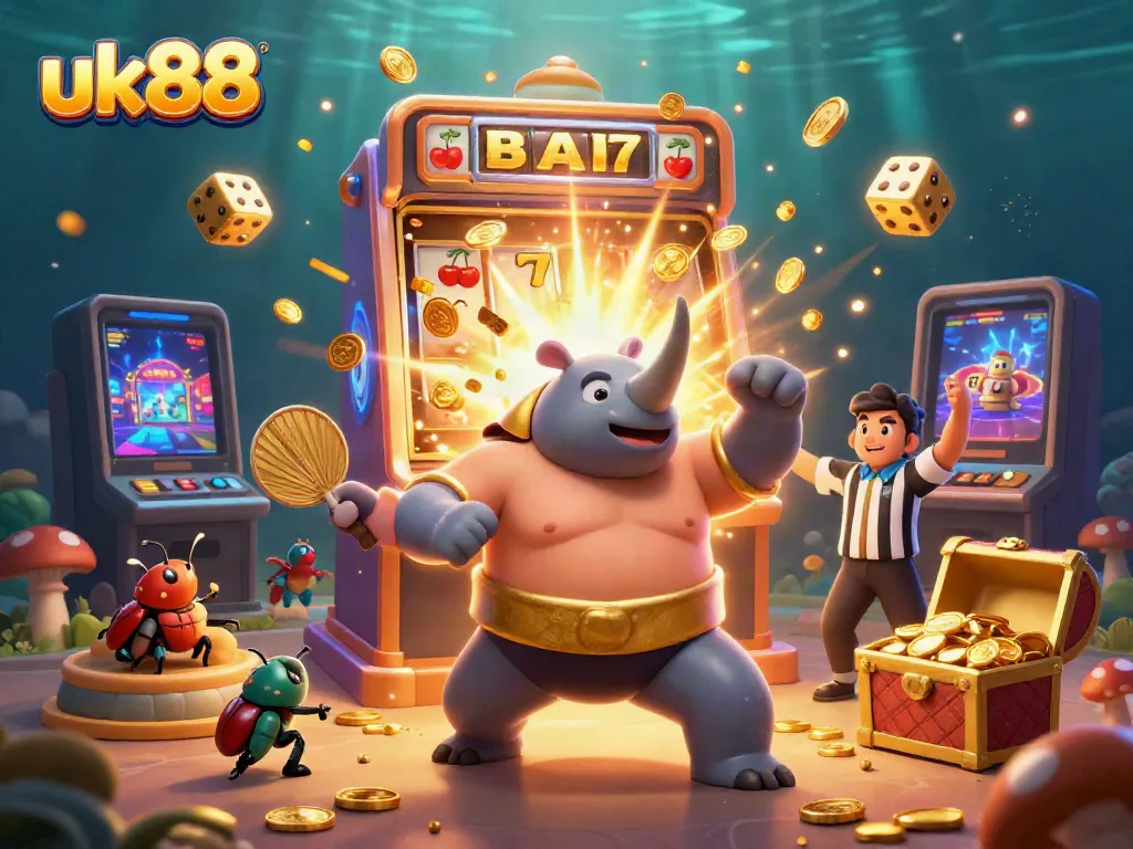 Experience the excitement of uk88 with a vibrant scene of a rhinoceros beetle sumo champion amidst a jackpot explosion.