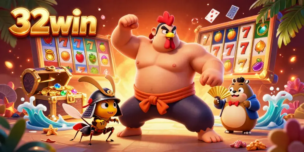 Engage in thrilling gameplay with 32win featuring a spirited sumo wrestler rooster and dynamic casino elements.