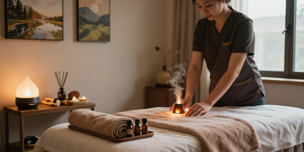 Relaxing 용인출장마사지 treatment room with soothing ambiance and massage tools.