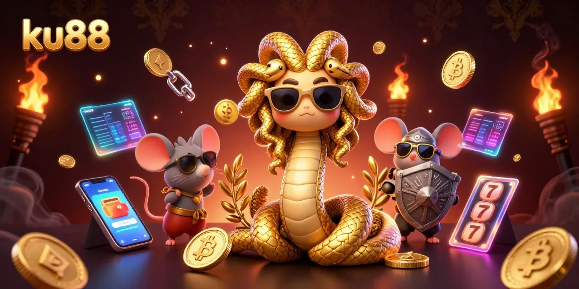 Experience thrilling games at ku88 with Medusa and a warrior mouse in this vibrant casino scene.