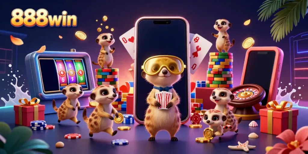 Experience the vibrant casino world of 888win with meerkats managing games and excitement.