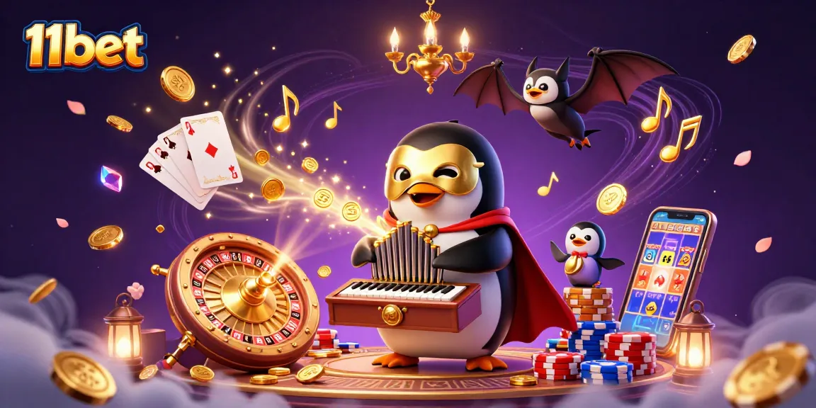 Experience the excitement at 11bet with a lively 3D casino scene featuring extravagant gaming elements.