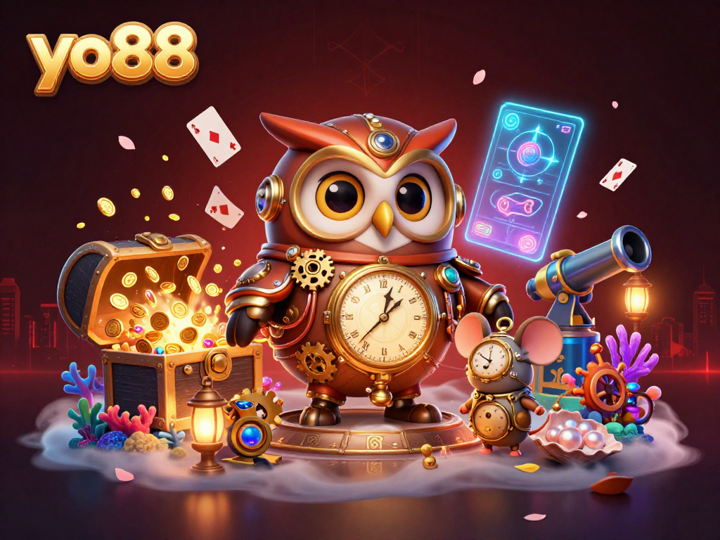 Spin and win at yo88 with thrilling casino adventures featuring a time-traveler owl and treasure elements.