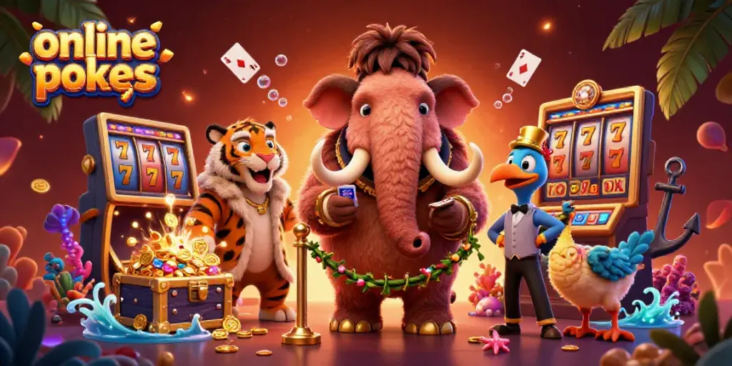 Dynamic illustration of online pokies with a woolly mammoth bouncer, saber-tooth guest, and dodo doorman.