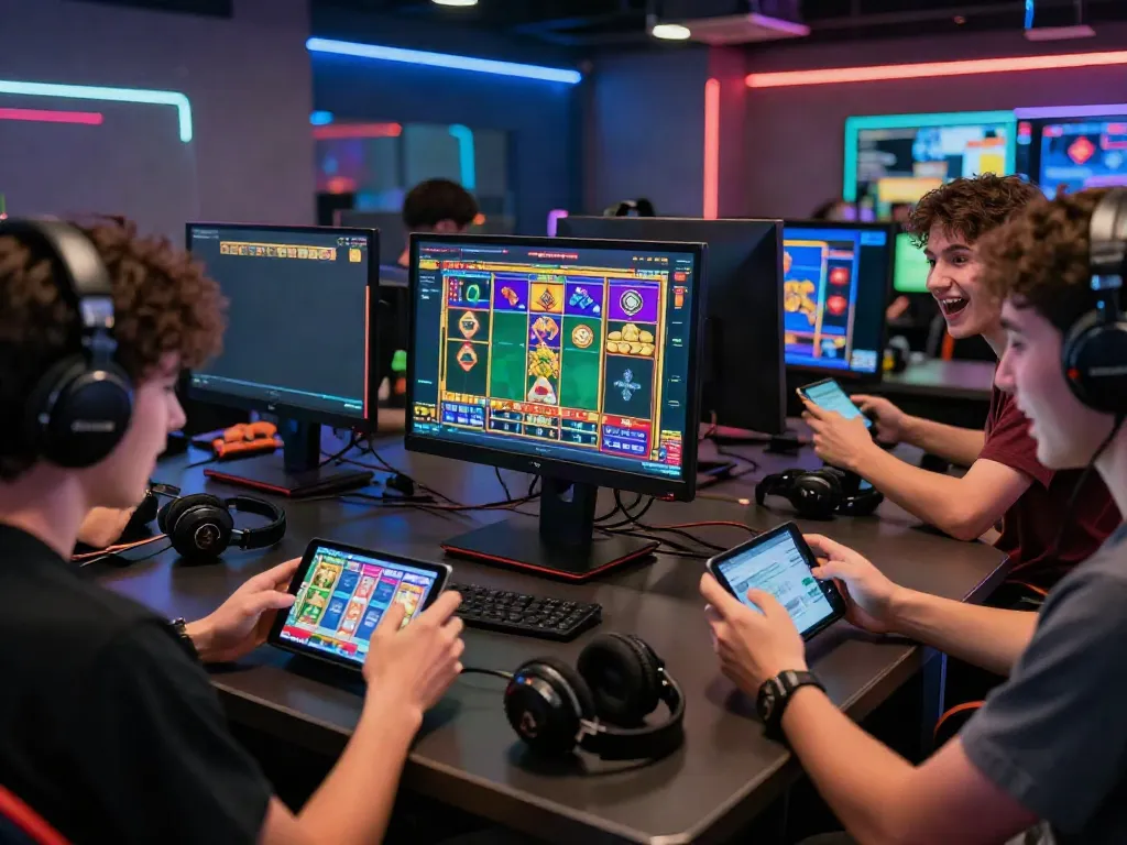 Players engaging with the QQMacan platform in a vibrant gaming lounge, emphasizing excitement and immersive slot games.