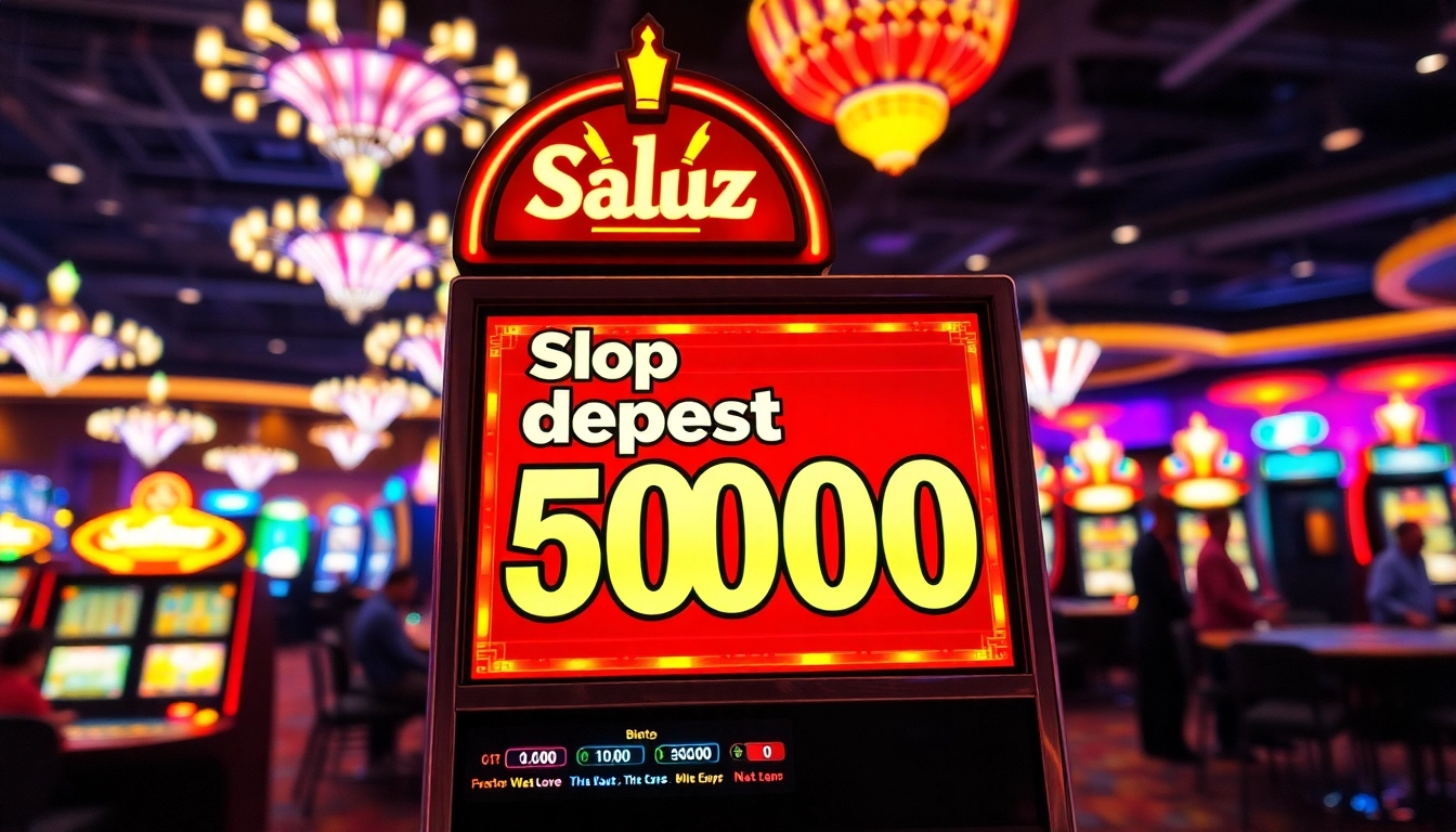 Slot deposit 5000 pada mesin slot di kasino yang berwarna-warni dan ramai.