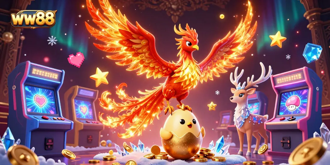 Experience the thrilling wins at ww88 with this vibrant 3D casino scene featuring a phoenix and neon gaming elements.