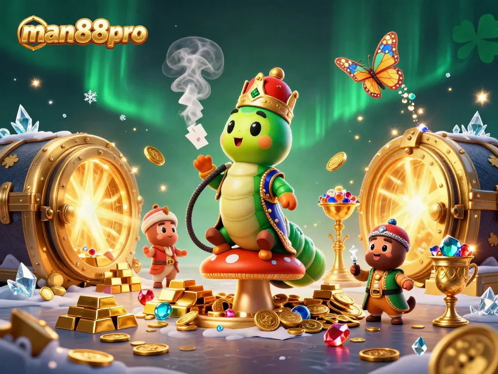 Experience thrilling gaming at man88pro with a vibrant scene showcasing a whimsical caterpillar master in a rich casino setting.