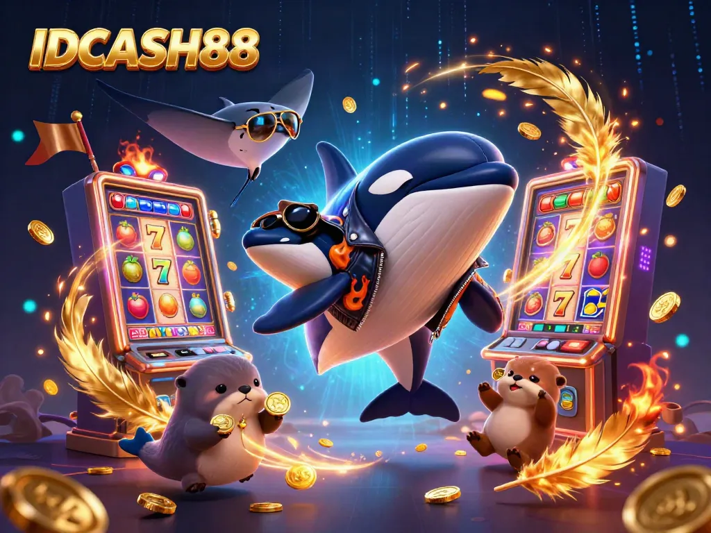 IDCASH88 engages players with colorful slot machine action featuring dynamic characters and swirling gold coins.
