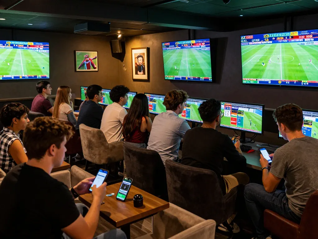 Fans excitedly using CAKHIATV to view live soccer match scores and betting odds in a vibrant sports lounge