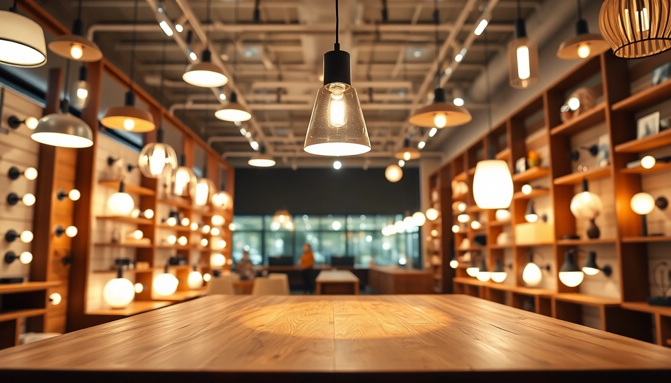 Shop ModernLighting with elegant fixtures shining in a stylish contemporary showroom.