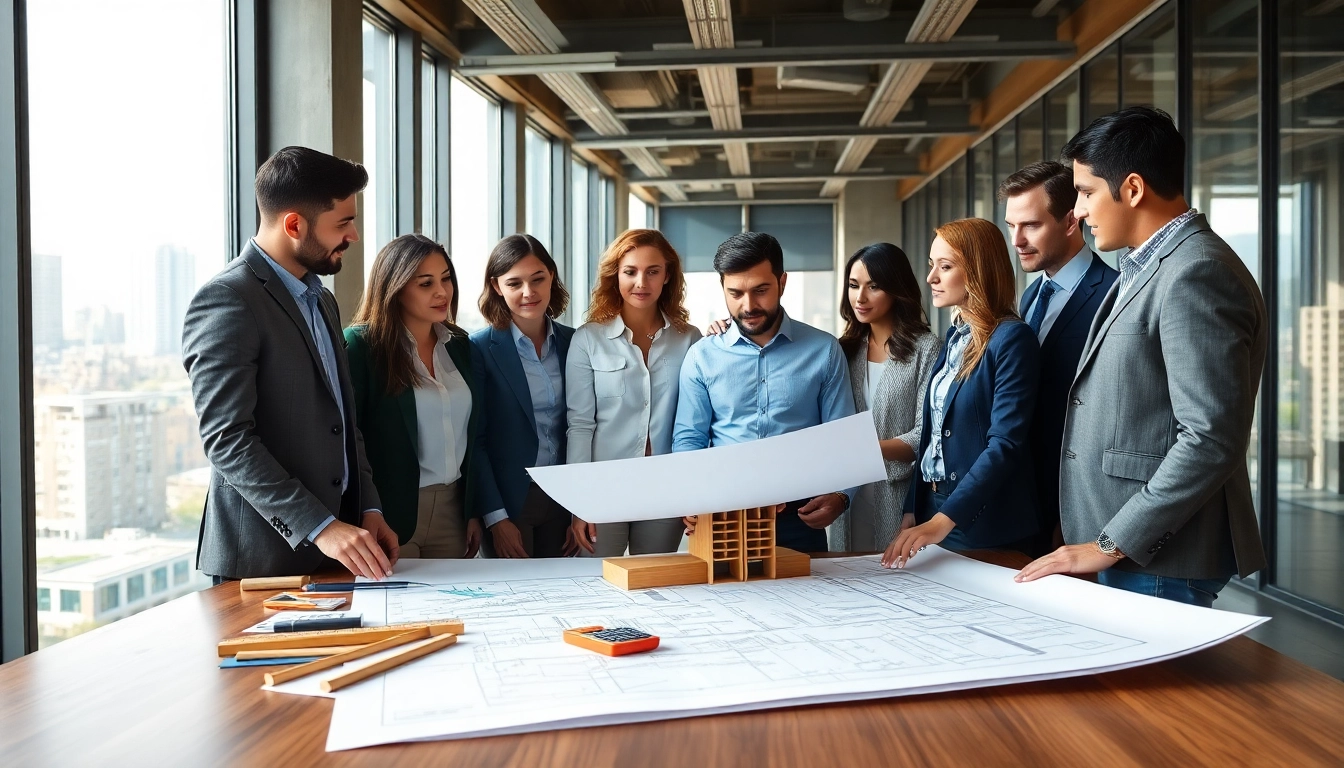 Engaged professionals collaborating on construction advocacy initiatives in a modern office.