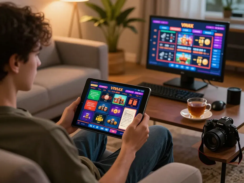 Engaging in online gaming with Vmax trang chủ on a tablet in a cozy home setting.