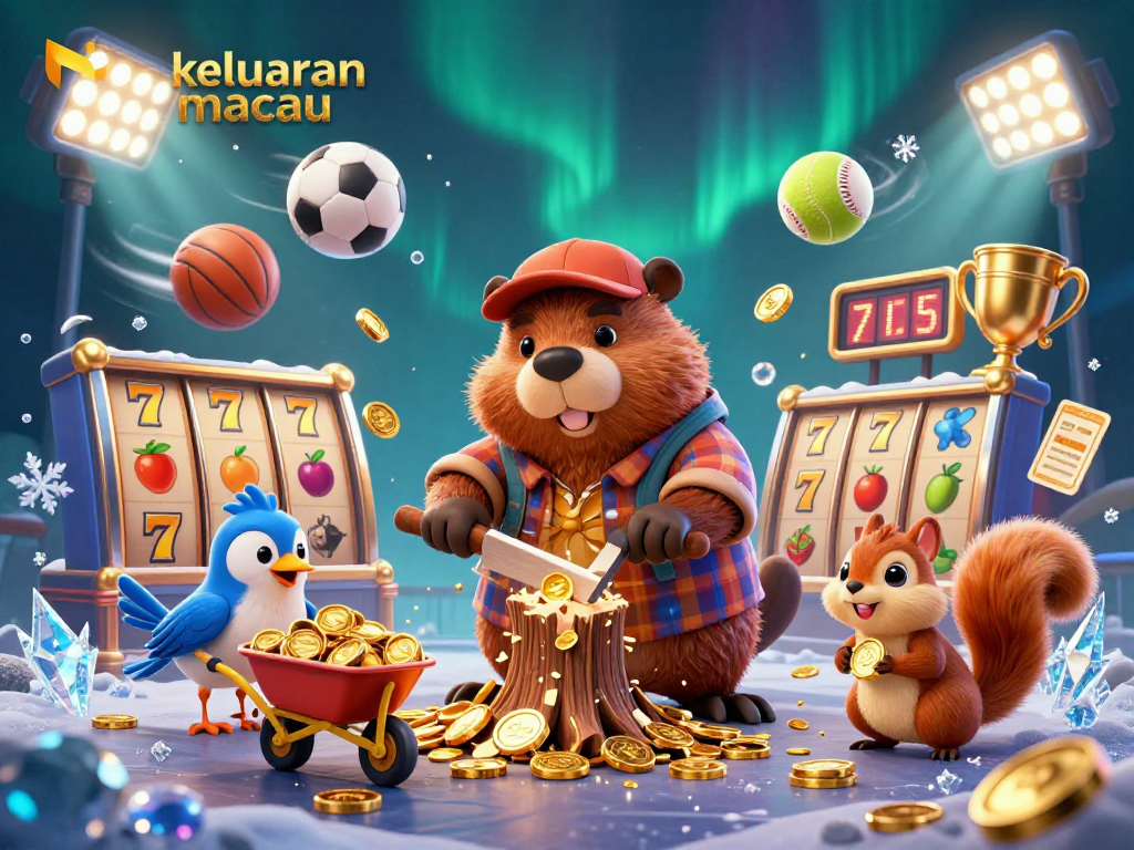 Engage with keluaran macau excitement as a cartoon lumberjack beaver celebrates winning coins amidst vibrant casino elements.